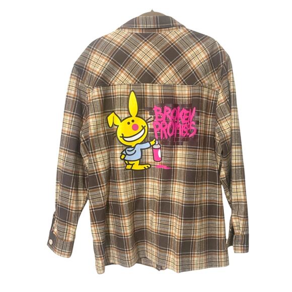 Broken Promises X Happy Bunny Grafitti Flannel Button Front Shirt sz LG - Picture 4 of 11
